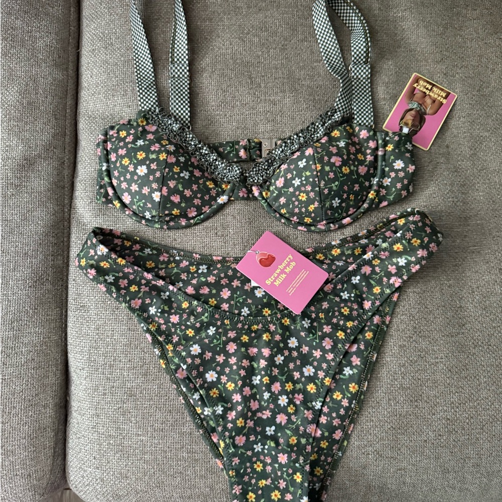 Strawberry Milk Mob Floral Bikini - Black and Pink